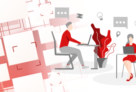Host desking graphic of two people working in a shared workspace