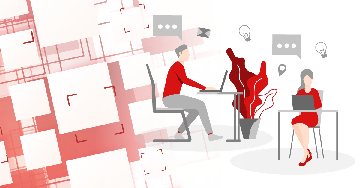 Host desking graphic of two people working in a shared workspace